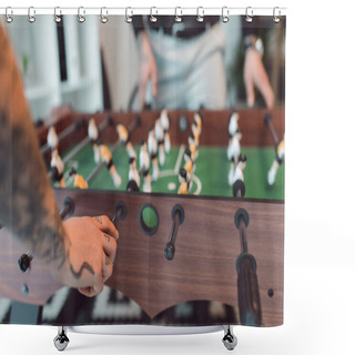 Personality  Selective Focus Of Colleagues Playing Table Football In Office Shower Curtains