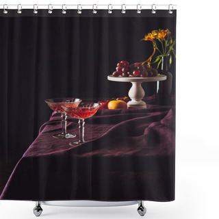Personality  Lead Glasses Of Wine Stand With Grapes And Apples On Table With Drapery On Black Shower Curtains