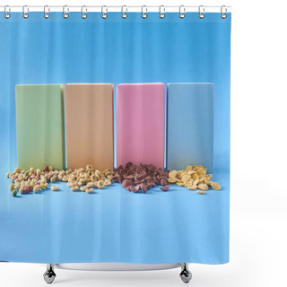 Personality  Colorful Boxes With Different Cereals On Blue Background Shower Curtains