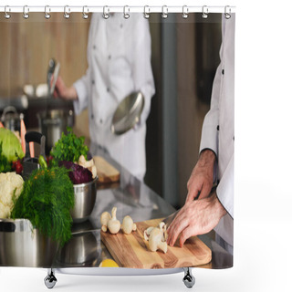 Personality  Close-up View Of Professional Team Of Cooks Preparing Ingredients On Kitchen Shower Curtains