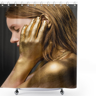 Personality  Side View Of Young Woman In Golden Paint Touching Ear Isolated On Grey  Shower Curtains