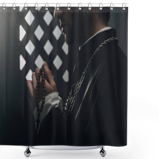 Personality  Partial View Of Catholic Priest Holding Wooden Rosary Beads Near Confessional Grille In Dark With Rays Of Light Shower Curtains
