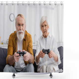 Personality  KYIV, UKRAINE - DECEMBER 17, 2020: Elderly Couple Playing Video Game At Home  Shower Curtains