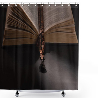 Personality  Holy Bible With Rosary On Black Dark Background With Sunlight  Shower Curtains