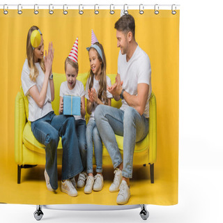 Personality  Cheerful Family In Birthday Party Caps, Son Holding Gift Box On Sofa On Yellow  Shower Curtains