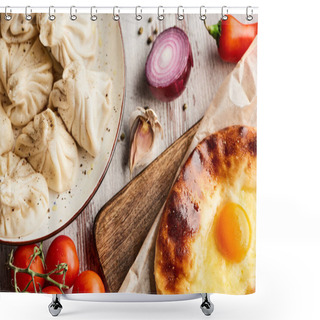 Personality  Top View Of Delicious Khinkali Near Adjarian Khachapuri On Wooden Table Shower Curtains