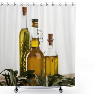 Personality  Bottles Of Olive Oil Flavored With Rosemary, And Olive Tree Branch Isolated On Grey  Shower Curtains