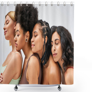 Personality  Multiethnic Women In Colorful Bras Standing Next To Each Other And Closing Eyes While Posing Isolated On Grey, Different Body Types And Self-acceptance Concept, Multicultural Models Shower Curtains