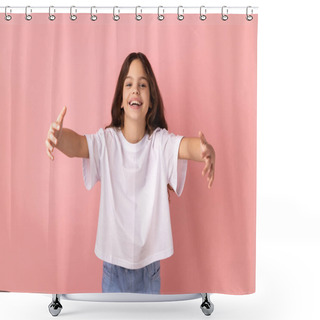 Personality  Free Hugs, Come Into My Arms. Portrait Of Little Girl Wearing White T-shirt Stretching Hands To Camera And Smiling Broadly, Going To Embrace, Share Love. Indoor Studio Shot Isolated On Pink Background Shower Curtains
