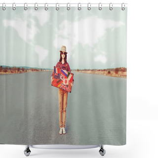 Personality  Smiling Traveler Girl Holding Suitcase Shower Curtains