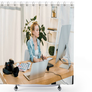 Personality  Beautiful Young Retoucher Working With Desktop Computer And Drawing Tablet Shower Curtains