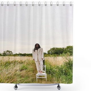 Personality  A Beautiful Young Woman In White Attire Stands On A Chair In A Vibrant Field, Embracing The Summer Breeze. Shower Curtains