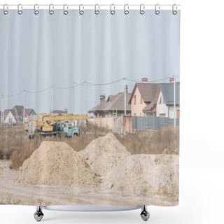 Personality  Sand Molds On Dirt Road With Building Crane And Houses At Background Shower Curtains