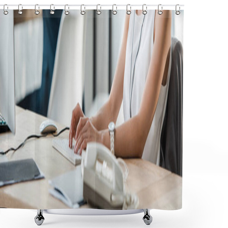 Personality  panoramic shot of woman in typing on computer keyboard in office  shower curtains