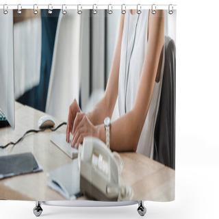 Personality  Panoramic Shot Of Woman In Typing On Computer Keyboard In Office  Shower Curtains
