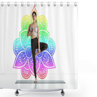 Personality  Thai Woman Practicing Yoga On Yoga Mat Near Colorful Mandala Ornament On White  Shower Curtains
