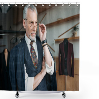 Personality  Confident Mature Tailor In Stylish Clothing Looking Away At Sewing Workshop Shower Curtains