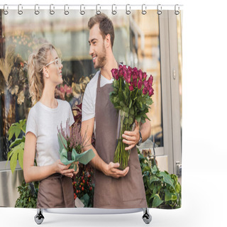 Personality  Smiling Florists Standing Near Flower Shop With Potted Plant And Burgundy Roses, Looking At Each Other Shower Curtains