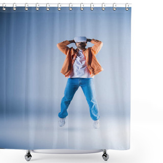 Personality  A Man Wearing A VR Headset With Hands On Head, Feeling Overwhelmed In A Studio Setting. Shower Curtains