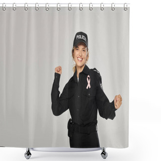 Personality  Excited Policewoman With Pink Ribbon Of Breast Cancer Showing Yes Gesture Isolated On Grey Shower Curtains