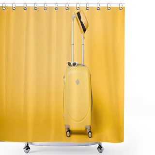 Personality  Bright Yellow Suitcase, Sunglasses And Straw Hat On Yellow Background Shower Curtains