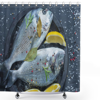 Personality  Flat Lay With Raw Fish With Lemon, Bay Leaves And Rosemary In Tray On Black Table Covered By Salt And Pepper Shower Curtains