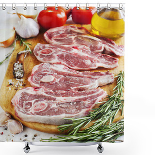 Personality  Raw Lamb Cutlets With Vegetables, Herbs And Spices On Wooden Chopping Board Shower Curtains