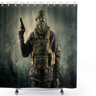Personality  Portrait Of A Heavily Armed Masked Soldier With Grungy Background Shower Curtains