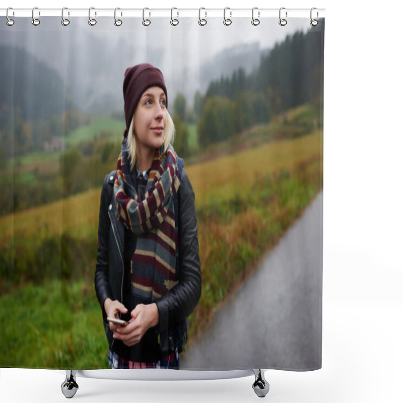 Personality  Woman With Cell Telephone In Mountains Shower Curtains