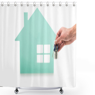 Personality  Cropped Shot Of Male Hand With Keys And House Model Isolated On White Shower Curtains