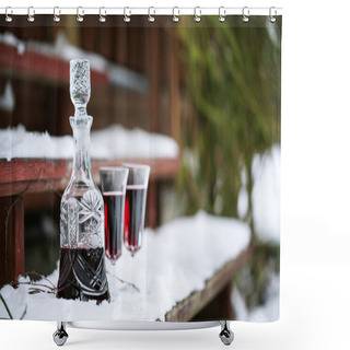 Personality  Decanter And Wineglasses Of Red Wine Outdoors Shower Curtains