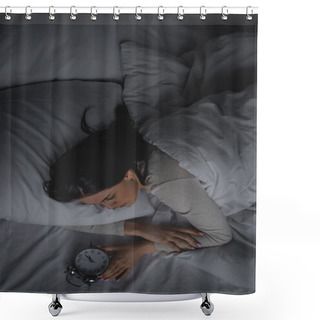 Personality  Top View Of Woman With Sleep Disorder Looking At Alarm Clock In Bedroom  Shower Curtains