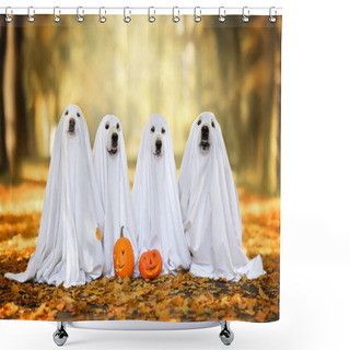 Personality  Group Of Dogs In Ghost Costumes Posing For Halloween Outdoors In Autumn Shower Curtains