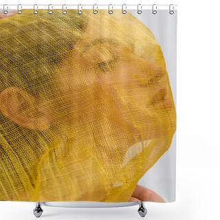 Personality  Portrait Of Young Ukrainian Woman Woman With Yellow Drapery Covering Face Looking Away Isolated On Grey Shower Curtains