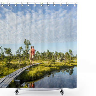 Personality  Back View Of Couple In Love Hugging And Walking On Wooden Bridge With Green Trees And Blue Sky On Background Shower Curtains