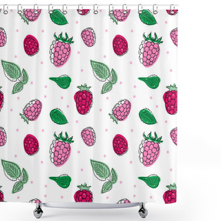 Personality  Illustration Of Raspberry Berries And Leaves Seamless Pattern. Simple Doodle Style. Isolated Objects On A White Background. Shower Curtains