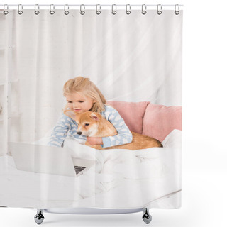 Personality  Adorable Child Lying In Bed, Hugging Corgi Dog And Using Laptop At Home Shower Curtains