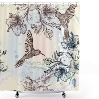 Personality  Vector Seamless Wallpaper Pattern With Birds And Flowers Shower Curtains