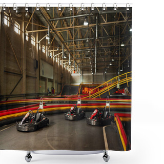 Personality  Three Racing Cars Inside Of Indoor  Circuit, Motor Race Vehicles,  Go Kart For Speed Racing Shower Curtains