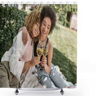 Personality  Positive African American Girlfriends With Closed Eyes Clinking Wine Glasses, Summer Picnic In Park Shower Curtains