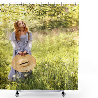 Personality  Girl With A Straw Hat And In A Lilac Dress In The Garden In The Summer On A Walk. Shower Curtains