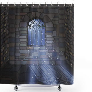 Personality  Magic Moonlight Wallpaper. Ornate Gothic Window A Stone House. Vector Illustration Shower Curtains