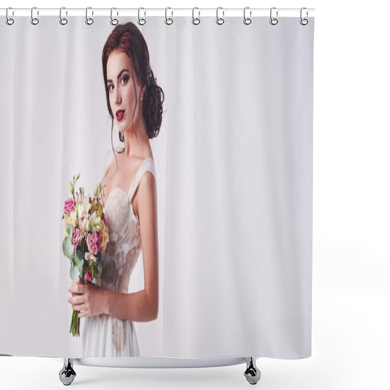 Personality  Young attractive bride with the bouquet of white roses shower curtains