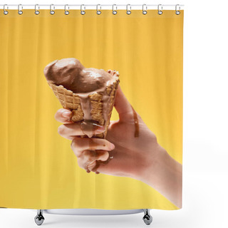 Personality  Cropped View Of Woman Holding Delicious Melted Chocolate Ice Cream In Crispy Waffle Cone Isolated On Yellow Shower Curtains