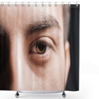 Personality  Close Up View Of Adult Man Brown Eye With Eyelashes And Eyebrow Looking At Camera Isolated On Black Shower Curtains