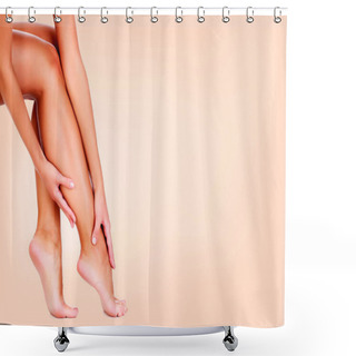 Personality  Unwanter Hair Removal Concept. Woman Touches Her Smooth Skin On Legs Shower Curtains