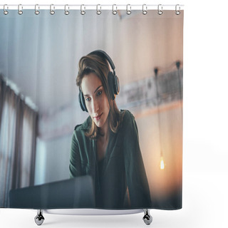 Personality  Young Handsome Girl Relaxing At Modern Home,wearing Casual Clothes,playing Music On Smartphone And Listening Audio Books In Wireless Headphones.Blurred Background. Shower Curtains