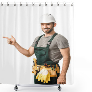 Personality  Smiling Handsome Electrician Pointing On Something Isolated On White Shower Curtains