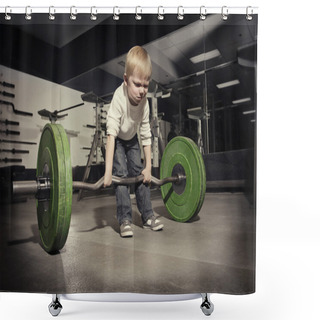 Personality  Determined Young Boy Trying To Lift A Heavy Weight Bar Shower Curtains