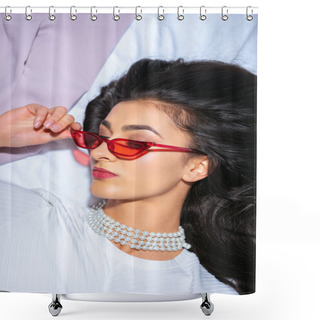Personality  Top View Of Elegant Brunette Woman Lying On Bed And Adjusting Red Eyeglasses Shower Curtains
